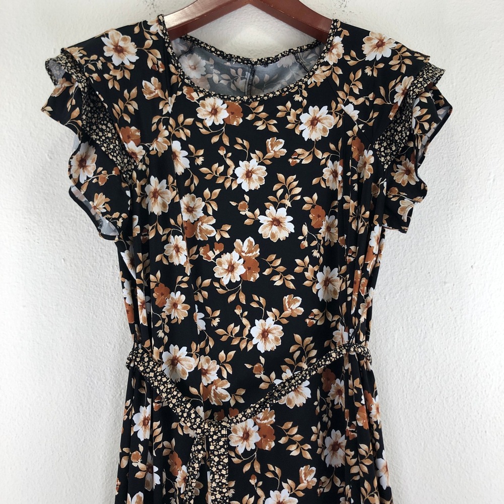 Romantic Floral Ruffle Sleeve Midi Dress Black Rust Cream Belted XL Cottagecore